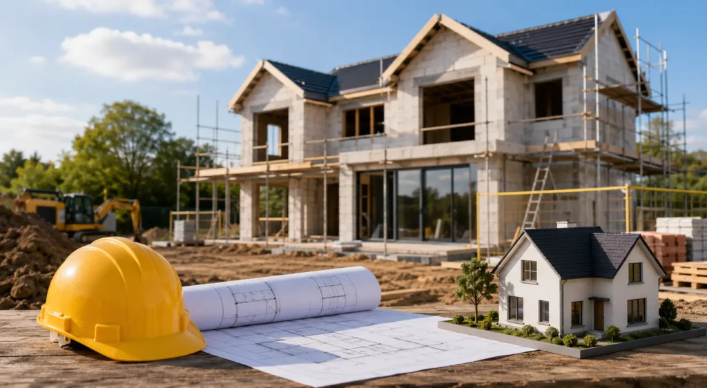 Construction site of a new 3-bedroom detached house being built in the UK