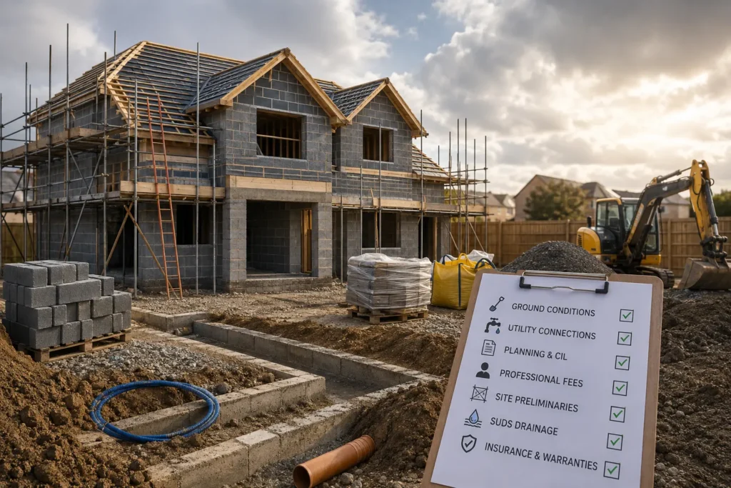 Construction worker inspecting foundation trench on a UK new build house site