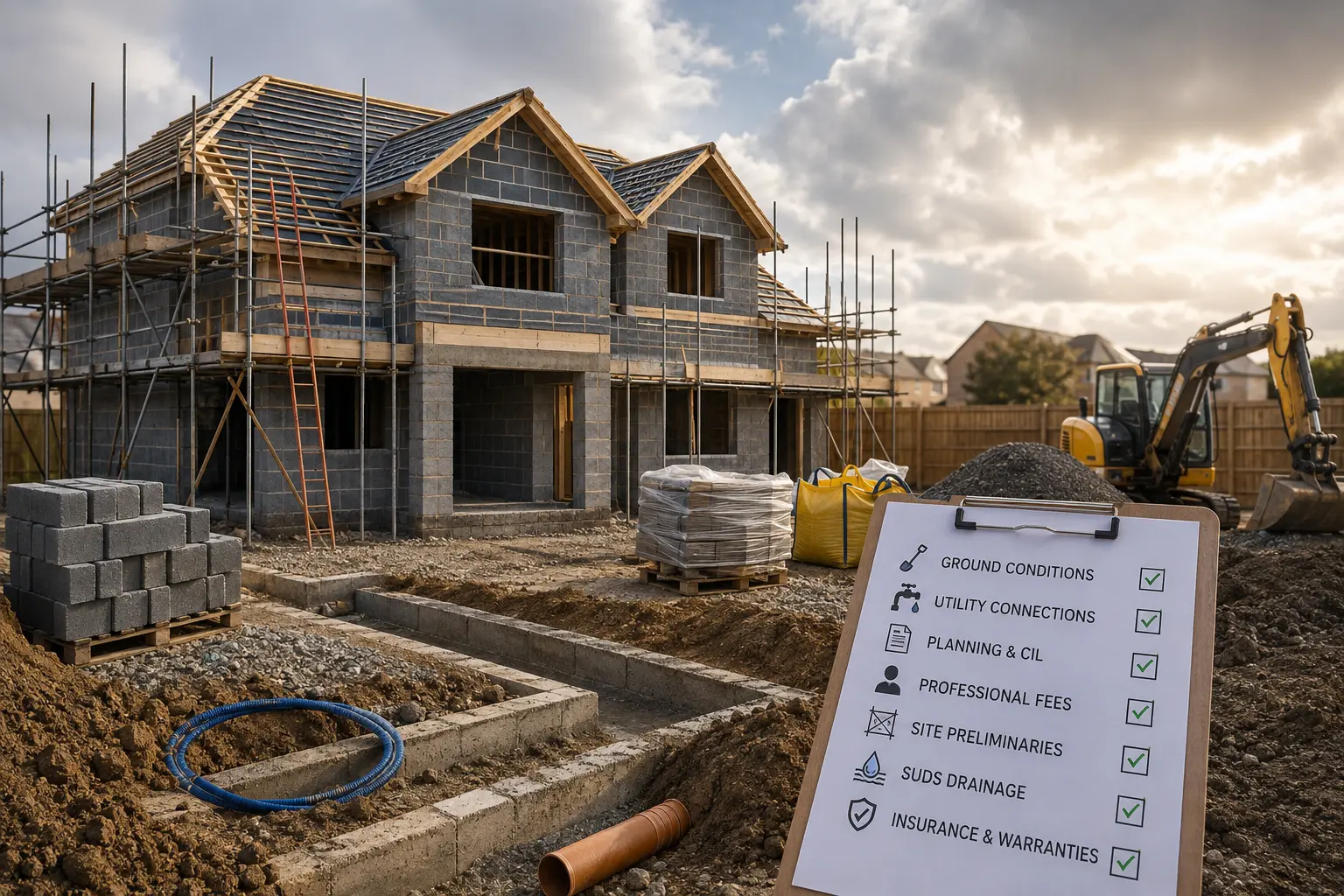 Construction worker inspecting foundation trench on a UK new build house site