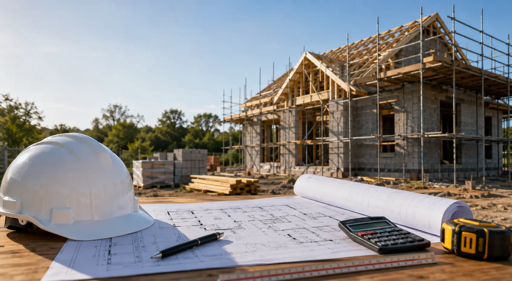 Construction site manager reviewing architectural plans with a homeowner during a UK new build project.